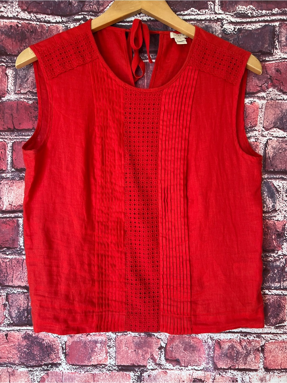 J. Crew Red 100% Linen Eyelet Lace Pintuck Tie Back Sleeveless Blouse Top